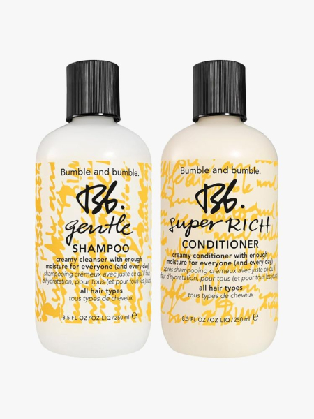 Bumble & Bumble Gentle Shampoo and Super Rich Conditioner in branded components on a light gray background