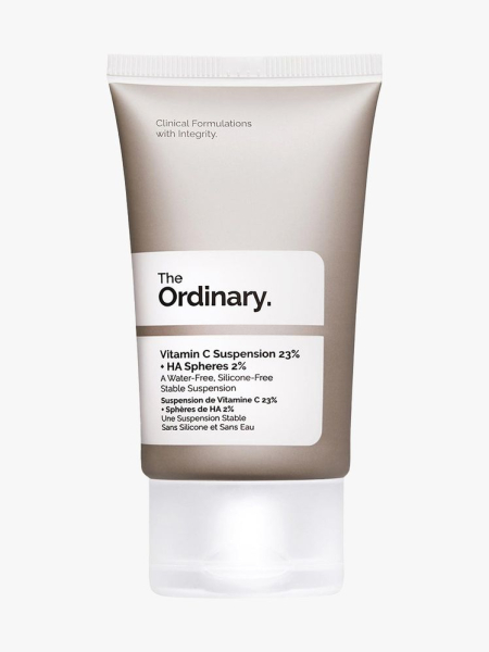The Ordinary Vitamin C Suspension 23% + HA Spheres 2% silver and white tube on light gray background